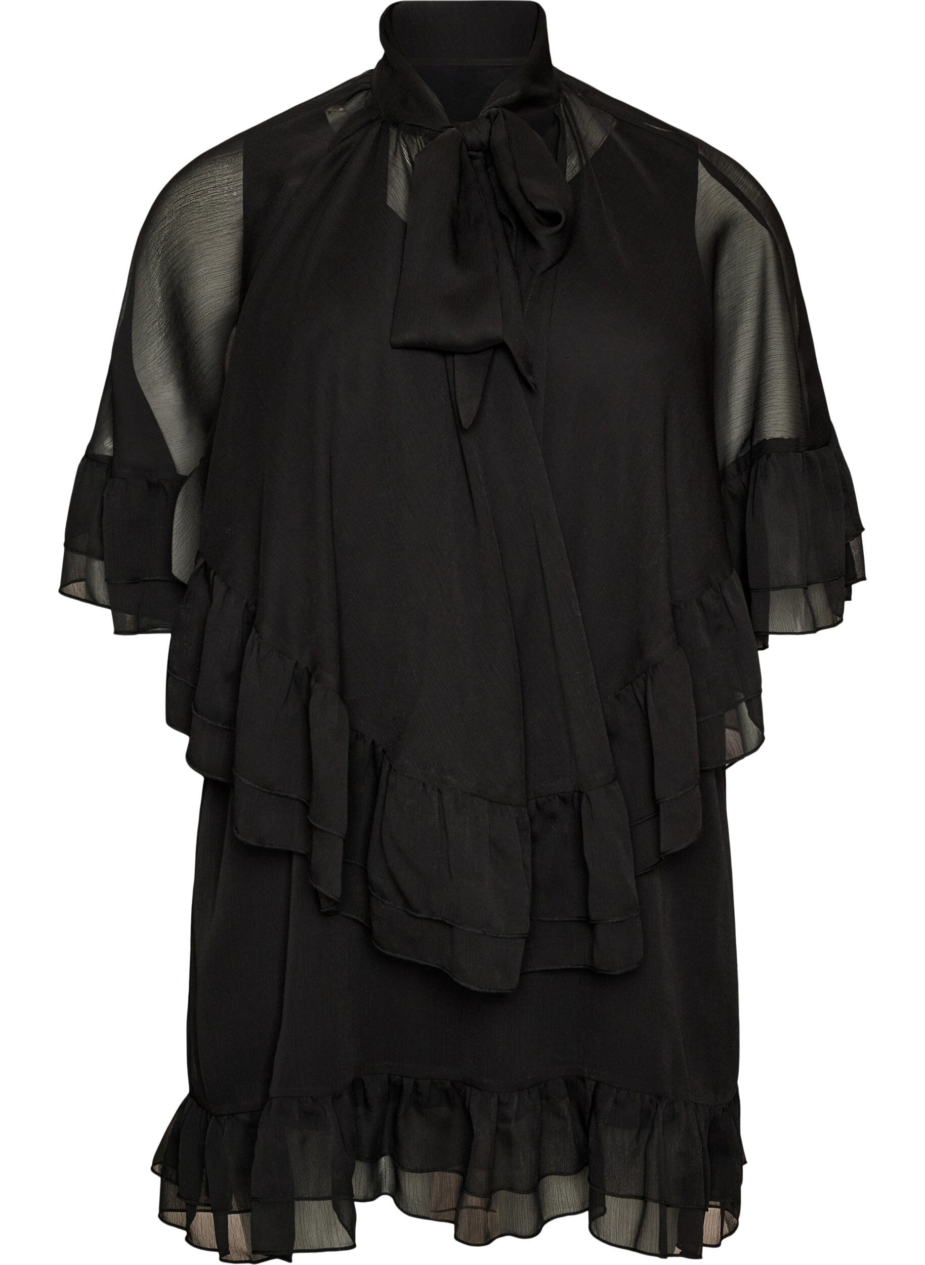 Zizzi&Auml;rmelloses Kleid mit Chiffon-Cape, Schwarz, Packshot image number 0