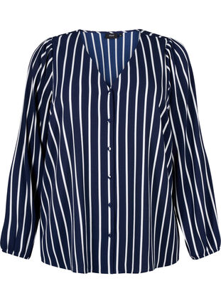  Hemdbluse mit V-Ausschnitt und Aufdruck, Maritime Blue Stripe, Packshot image number 0