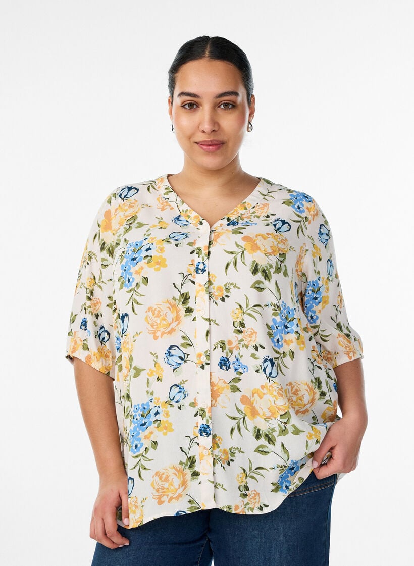 Bluse aus Viskose mit Print und Knopfverschluss, Vanille, Model image number 0