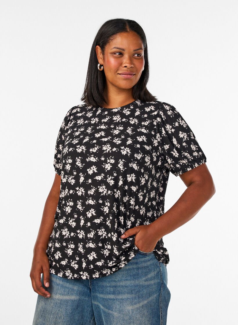 Bluse mit langen &Auml;rmeln und gebl&uuml;mtem Print, Schwarz, Model image number 0