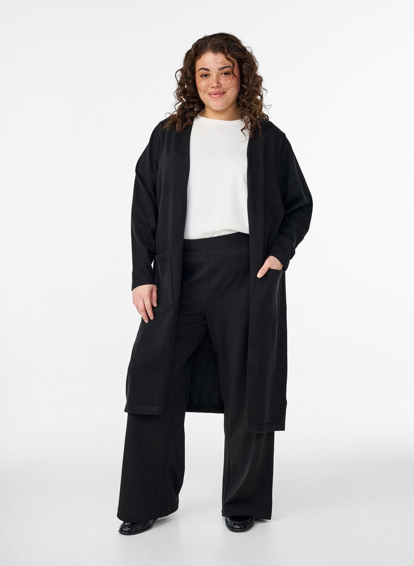 Lange, offene Strickjacke mit Taschen, Schwarz, Model image number 0