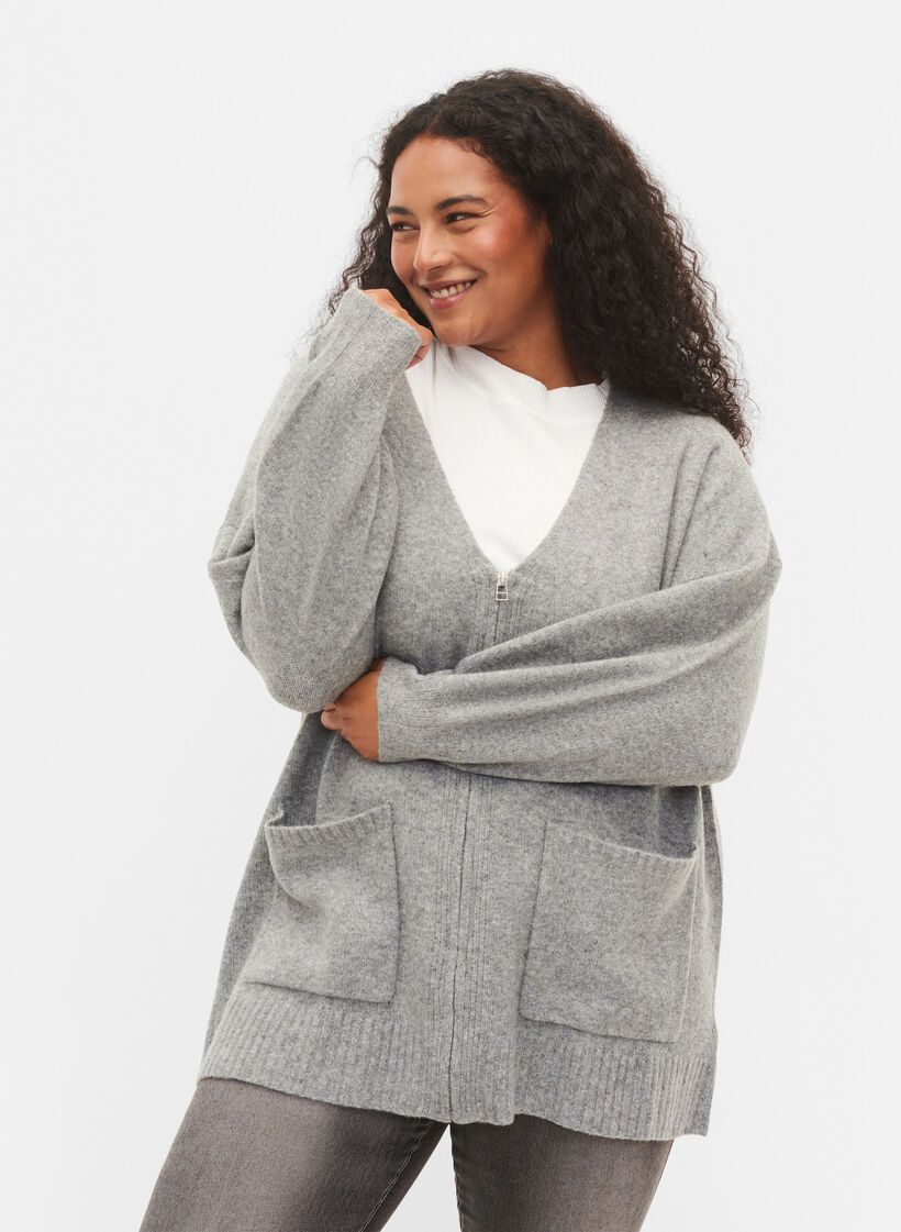 Langer Strick-Cardigan mit Reißverschluss und Taschen, Medium Grey Melange, Model image number 0