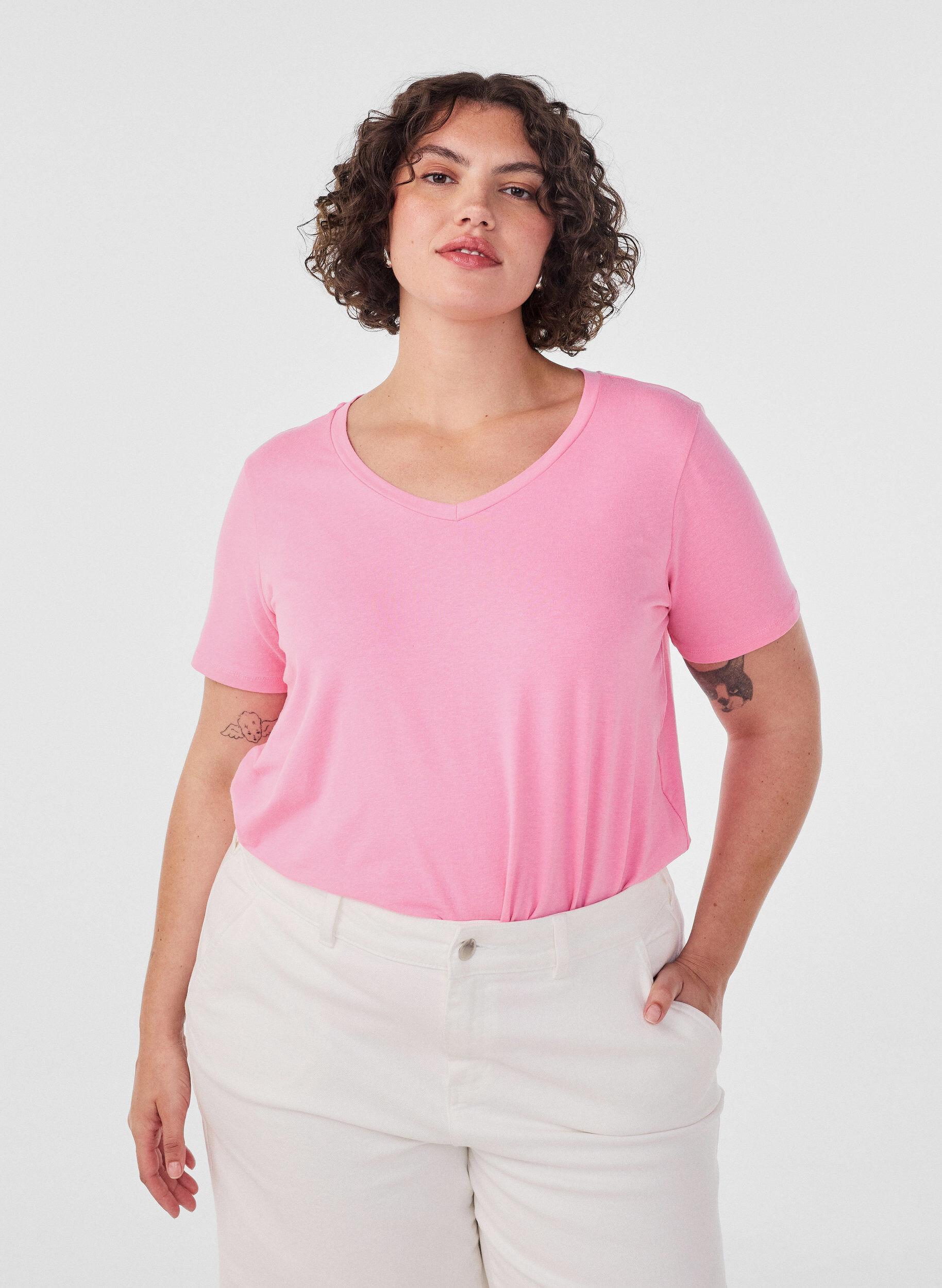 ZizziEinfarbiges basic T-Shirt aus Baumwolle, Pink, Model image number 0