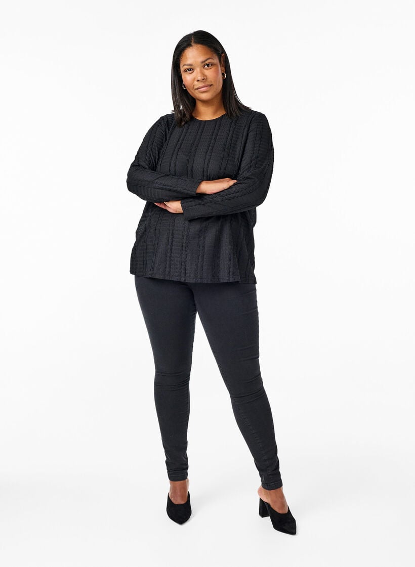  Langärmelige Bluse mit Textur, Black, Model image number 2