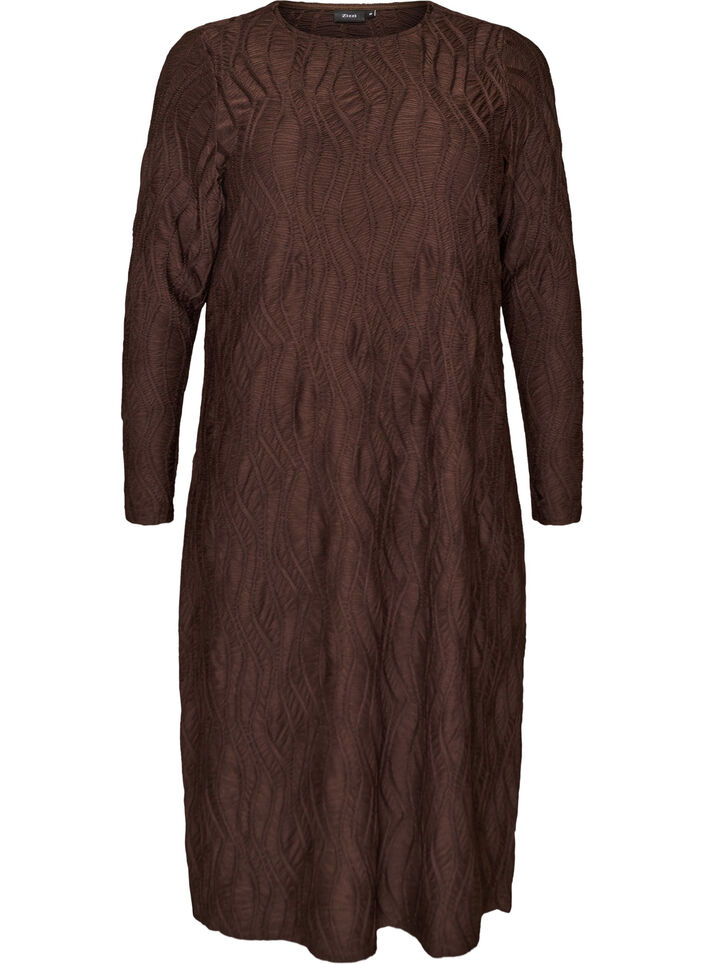Midikleid mit gewellter Struktur und langen &Auml;rmeln, Braun, Packshot image number 0