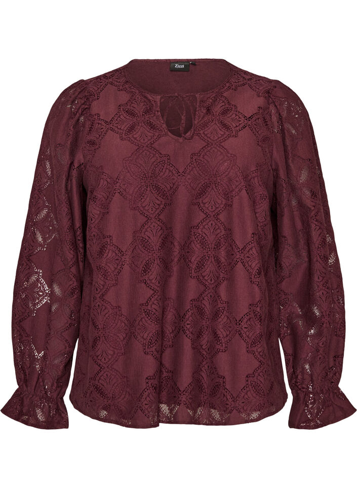 Langarmbluse mit Spitzenmuster, Dunkles Bordeaux, Packshot image number 0