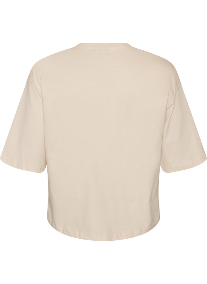 T-Shirt mit Textaufdruck und Badges, Beige, Packshot image number 1