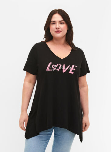 T-Shirt aus Baumwolle mit kurzen Ärmeln, Black LOVE, Model image number 0