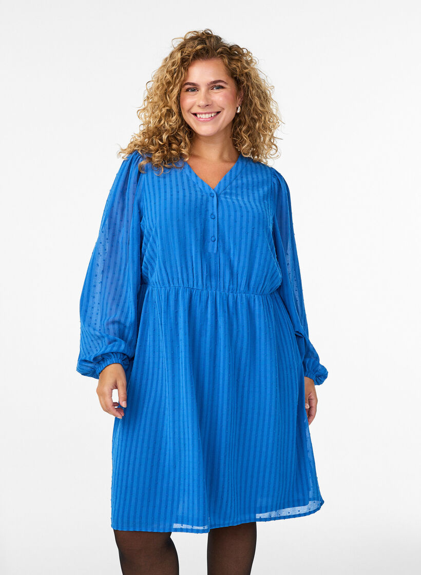 Kurzes Kleid mit Ton-in-Ton-Streifen und texturierten Punkten, Blau, Model image number 0