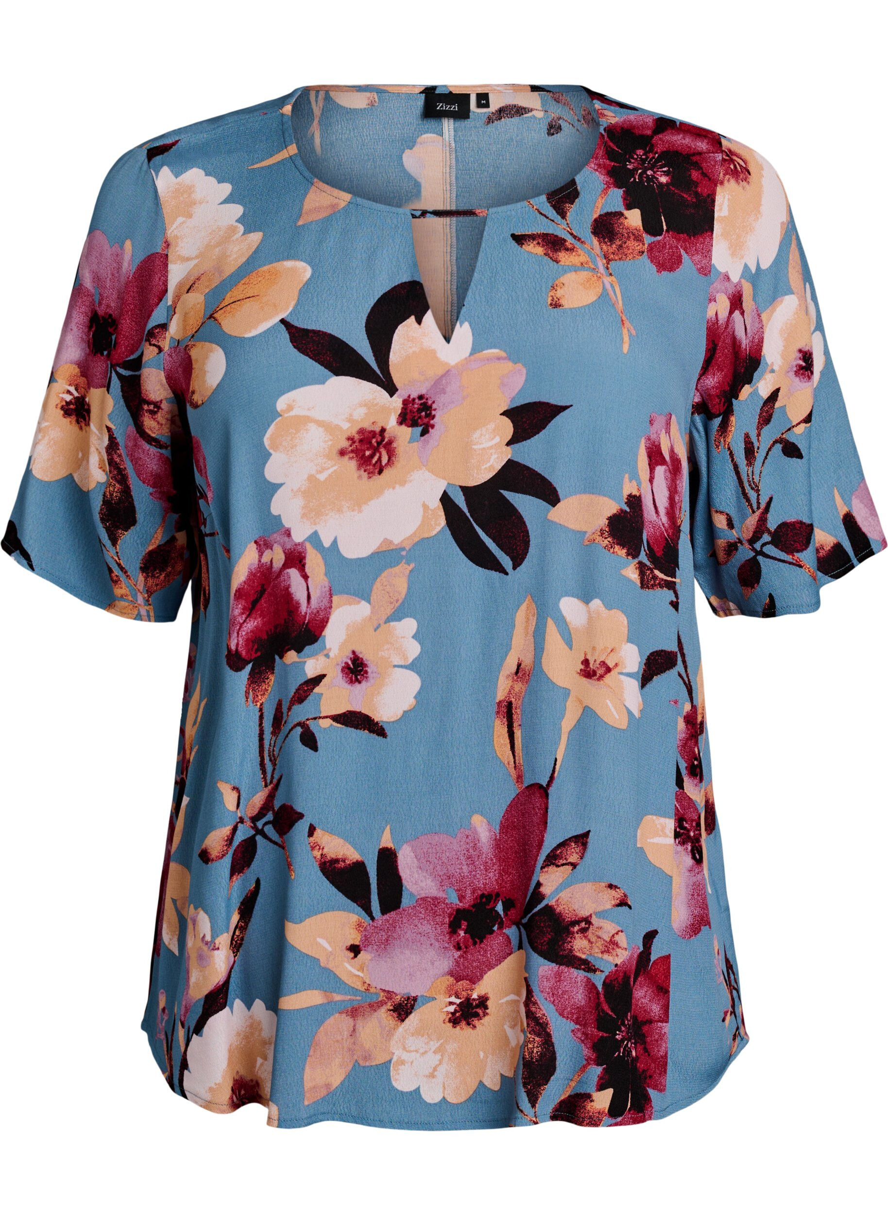 ZizziKurz&auml;rmelige Bluse aus Viskose mit Print, Blau, Packshot image number 0