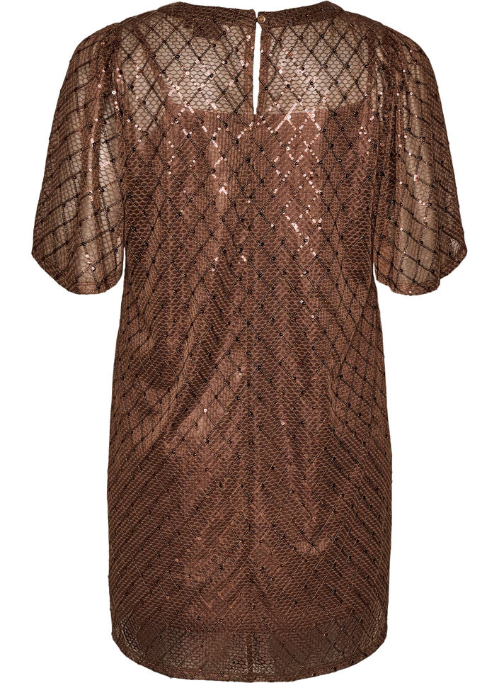 Kurzes Kleid mit Pailletten und Rautenmuster, Braun, Packshot image number 1