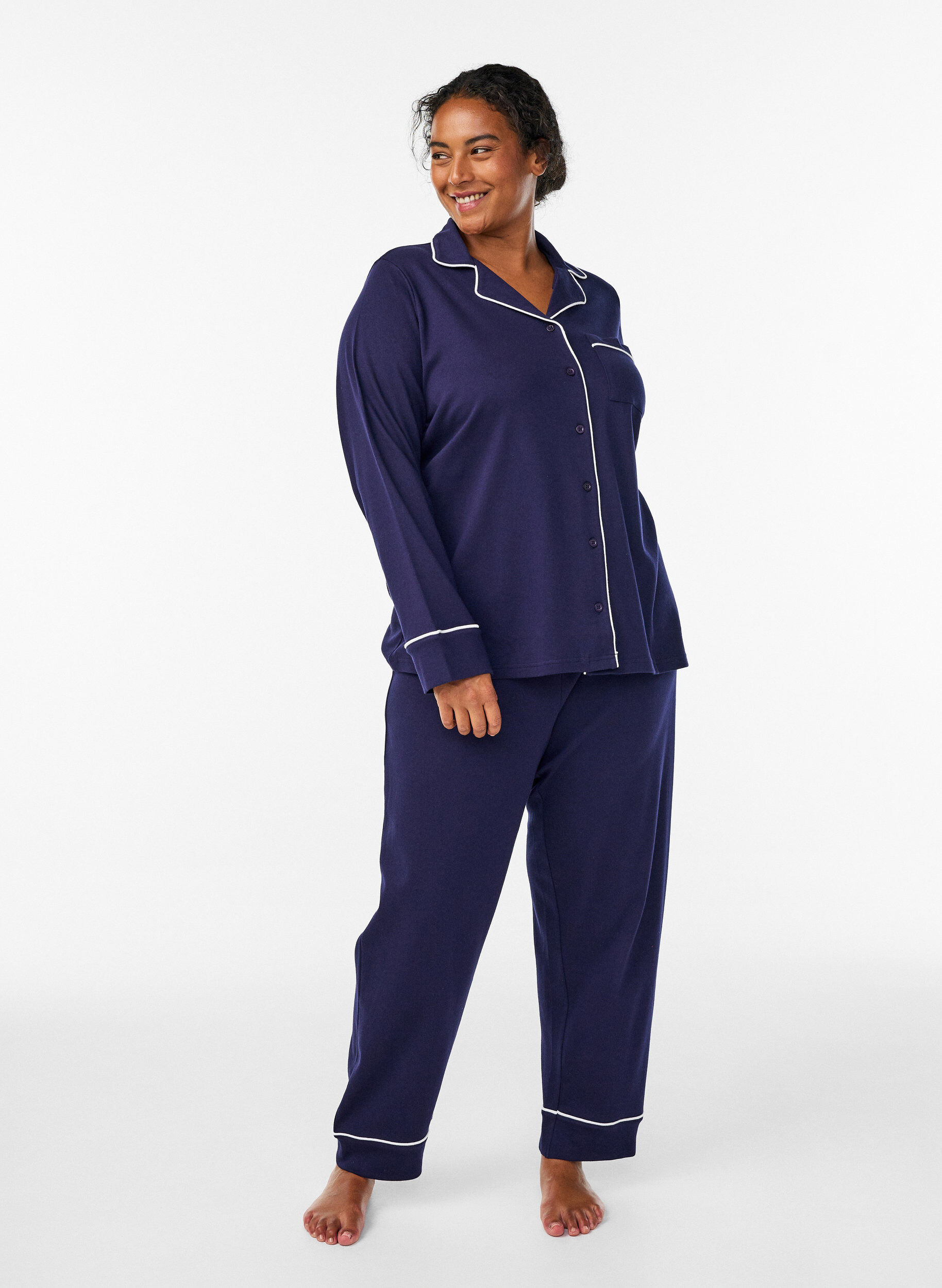 ZizziBaumwoll-Pyjamahose mit hohem Bund, Blau, Model image number 0