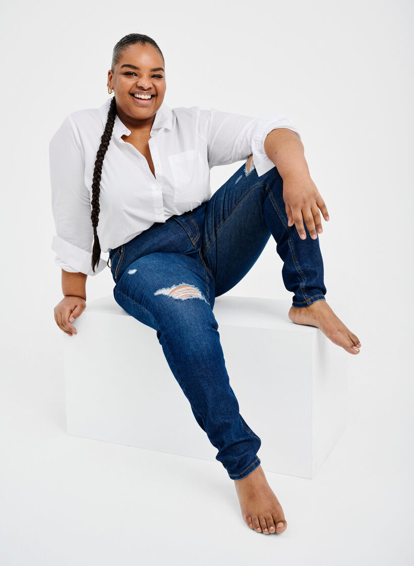 Super schlanke Amy Jeans mit Zerstörung und hoher Taille, Dark blue, Image image number 0