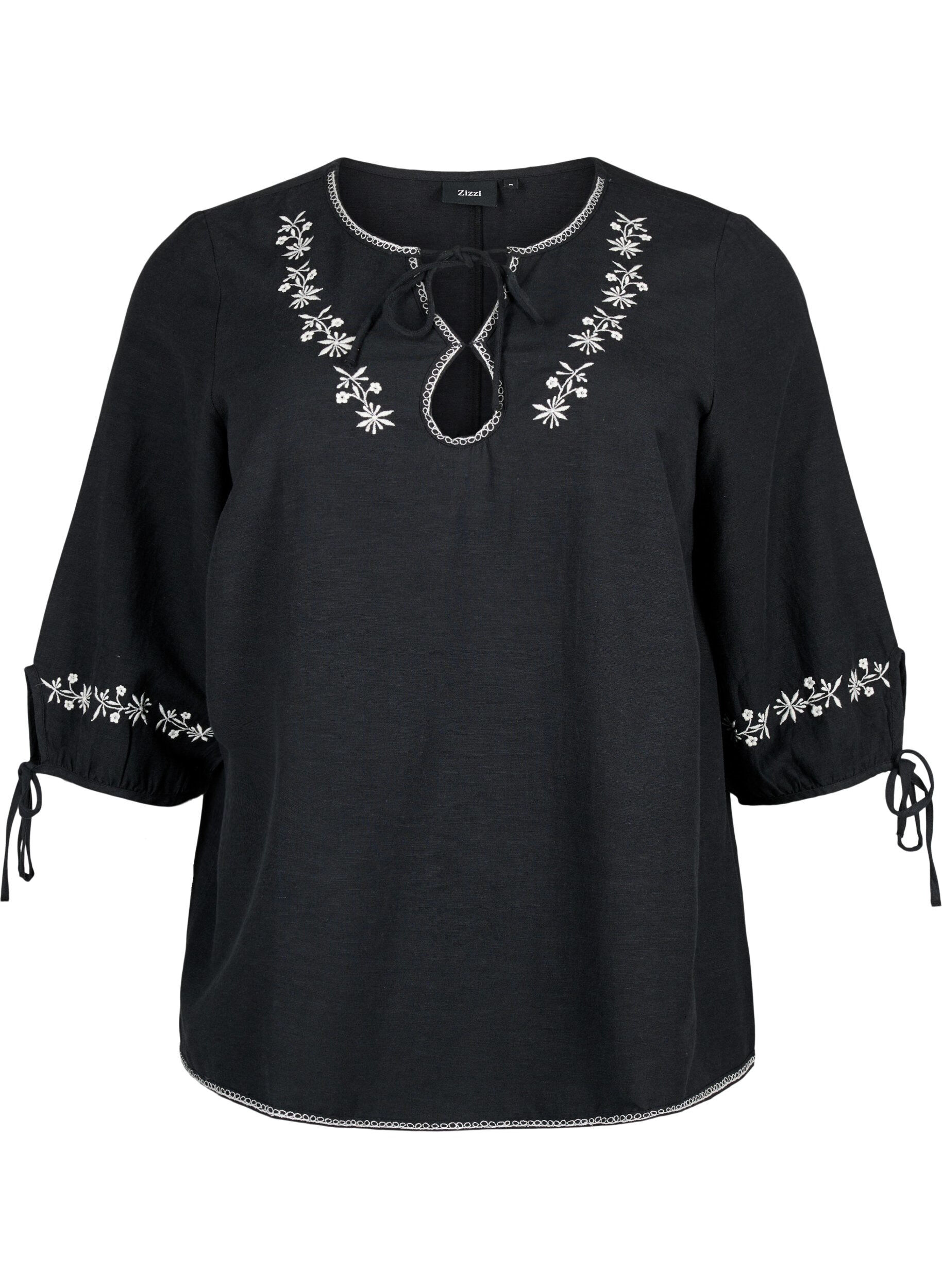 ZizziBestickte Bluse aus Baumwollmischung mit Leinen, Black W. EMB, Packshot image number 0