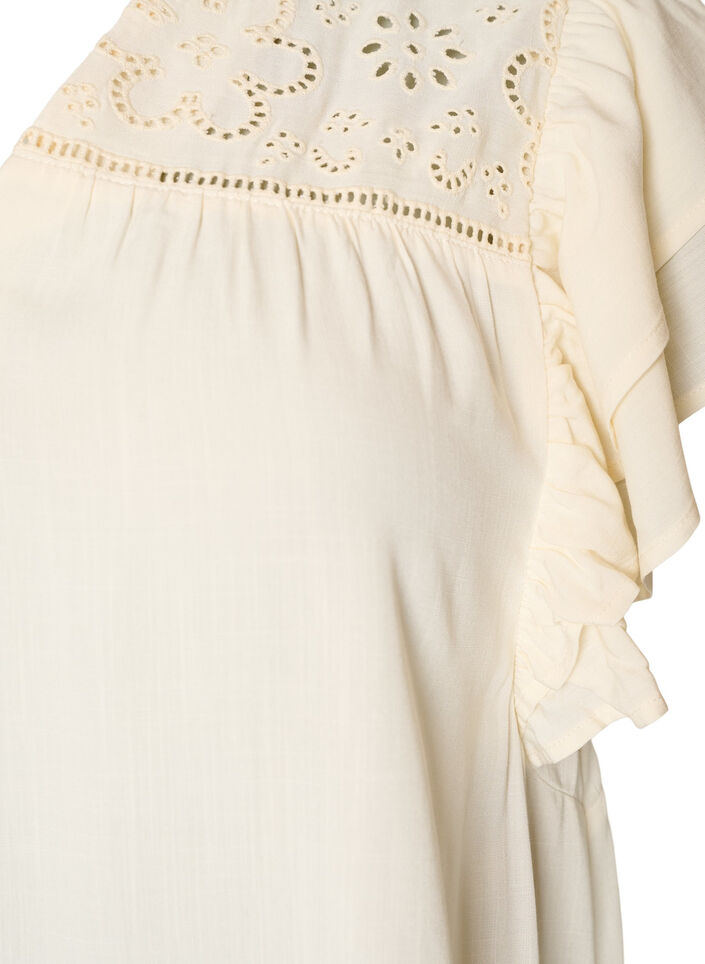 Tunika mit Broderie Anglaise und R&uuml;schen&auml;rmeln, Beige, Packshot image number 2