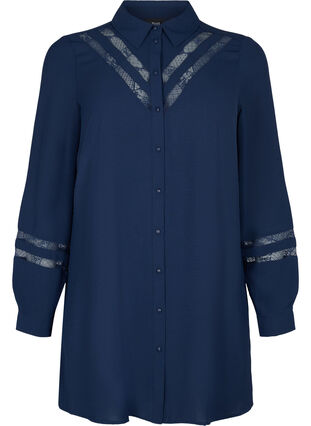 Langes Shirt mit Spitzendetails, Navy Blazer, Packshot image number 0