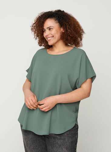 Bluse mit kurzen Ärmeln und Rundhalsausschnitt, Balsam Green, Model image number 0