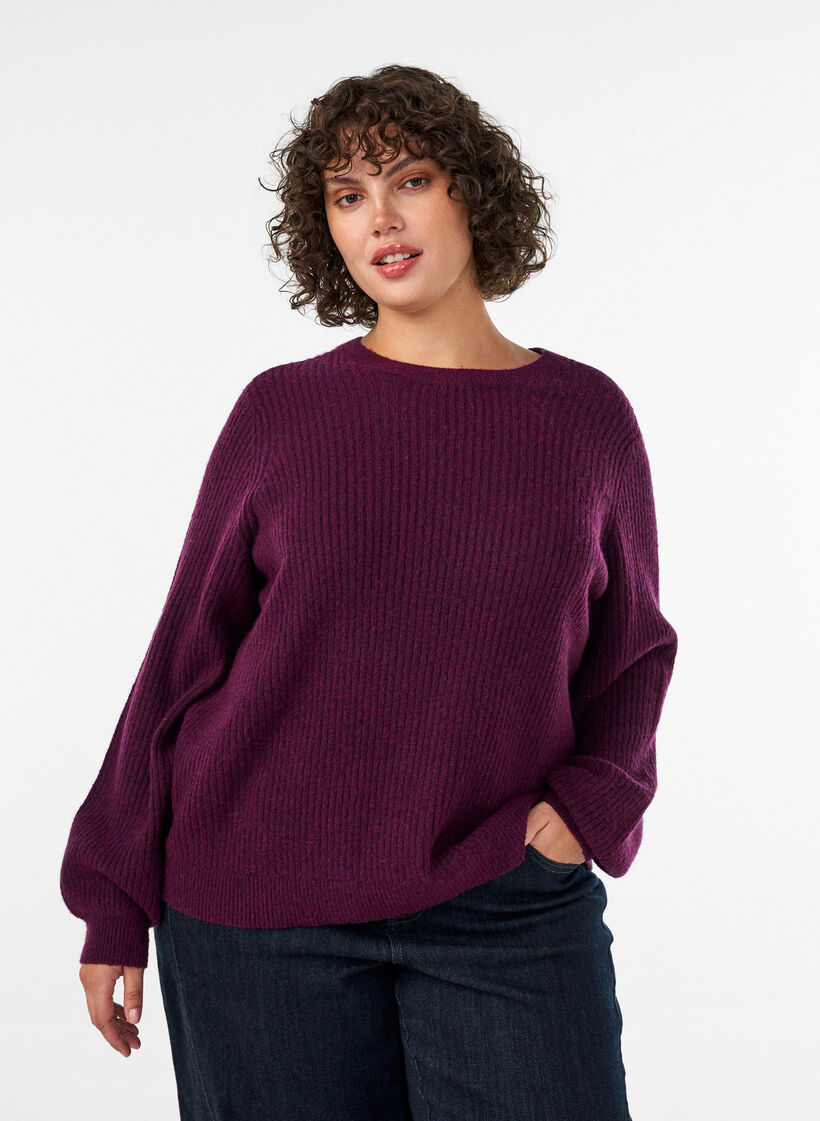 Gerippter Pullover mit Ballon&auml;rmeln, Lila, Model image number 0