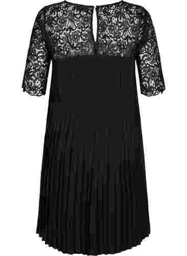 Kurzärmeliges Kleid mit Spitzenoberteil, Black, Packshot image number 1