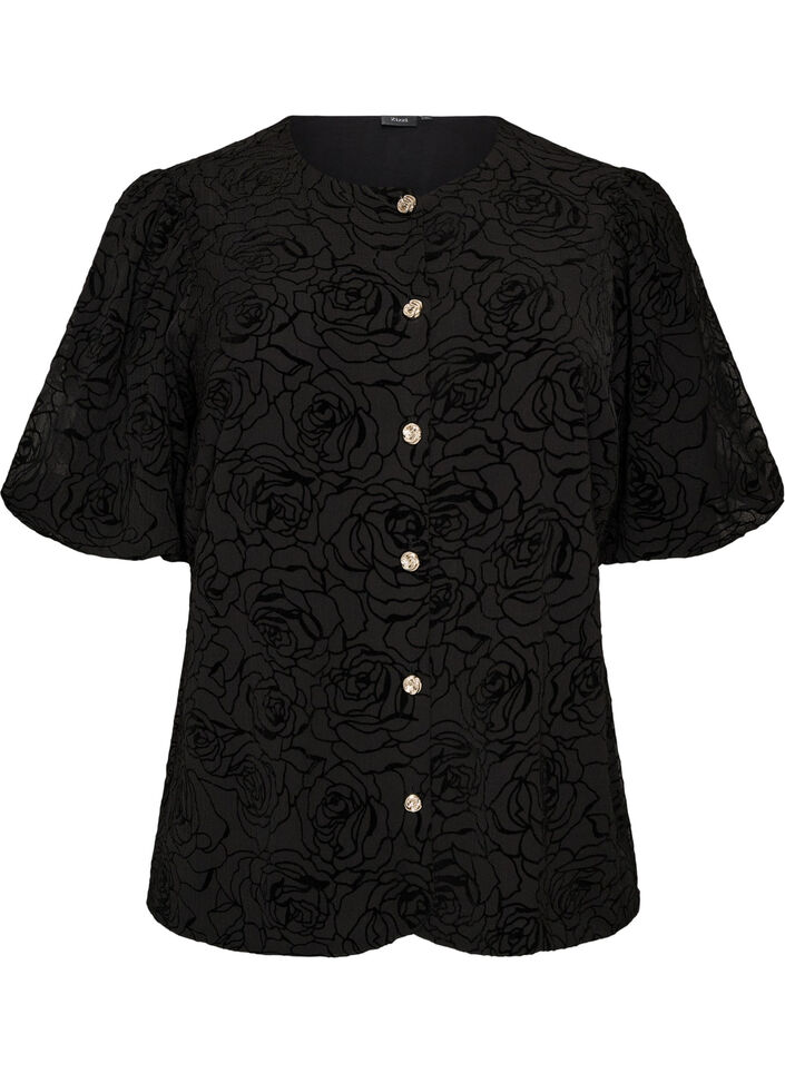 Gebl&uuml;mte Bluse mit Ballon&auml;rmeln, Schwarz, Packshot image number 0