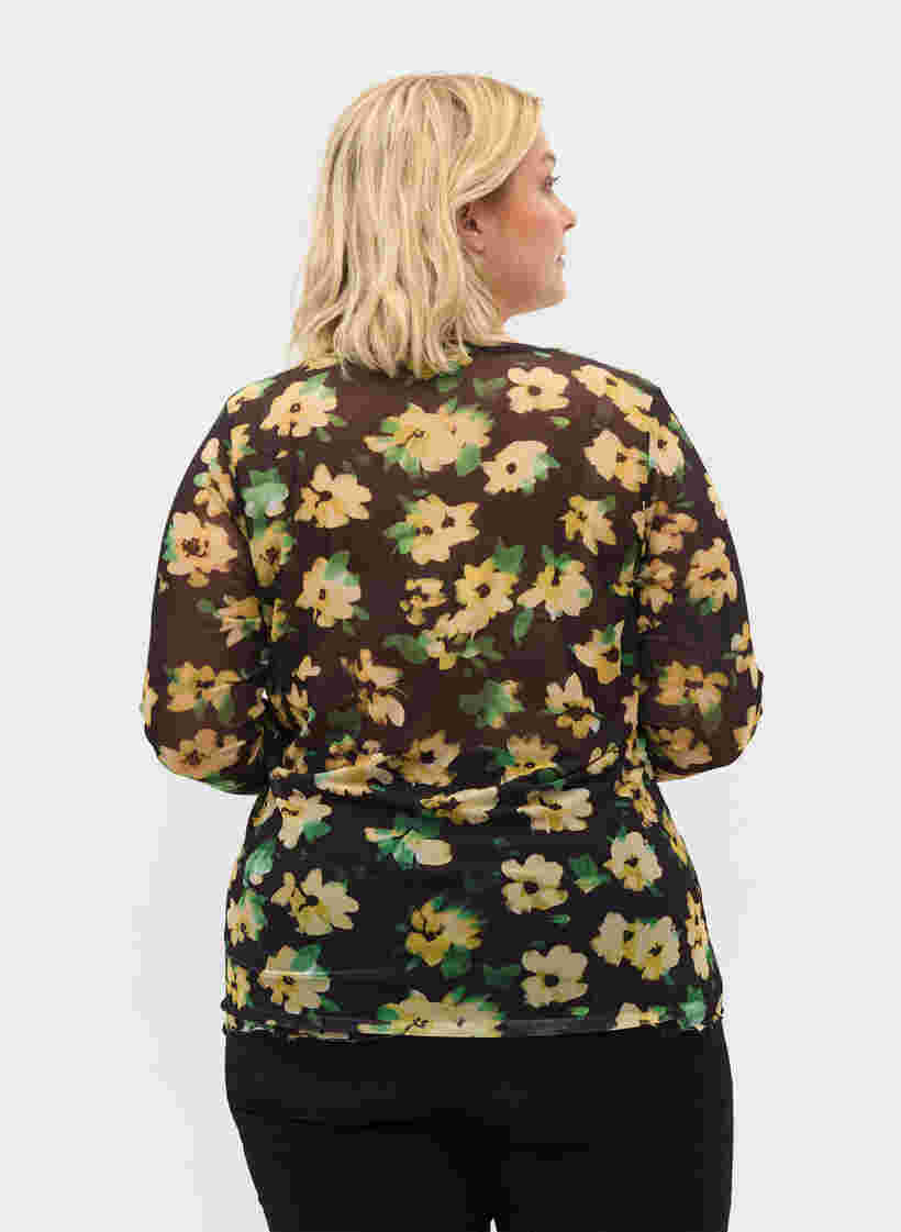 Enganliegende Mesh-Bluse mit Blumenmuster, Yellow Green AOP, Model image number 1