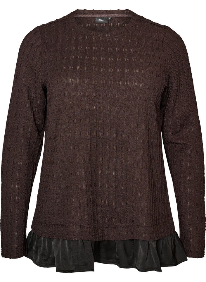 Strukturierte Bluse mit R&uuml;schensaum, Braun, Packshot image number 0