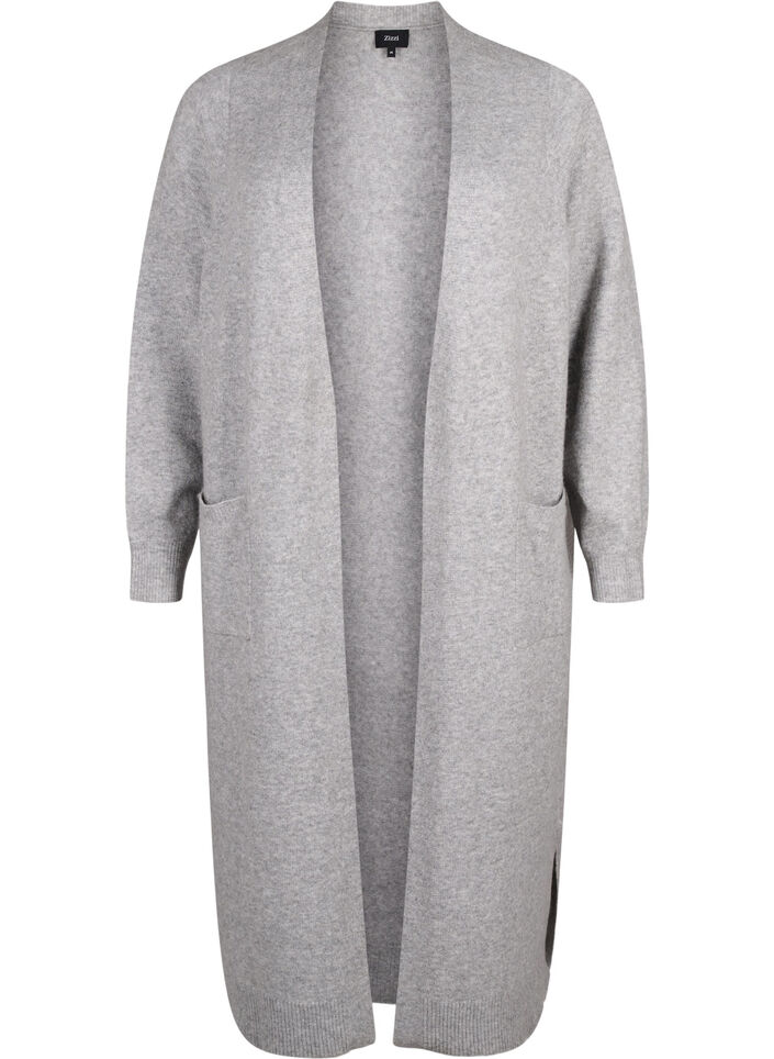 Lange Strickjacke mit Taschen, Light Grey Melange, Packshot image number 0