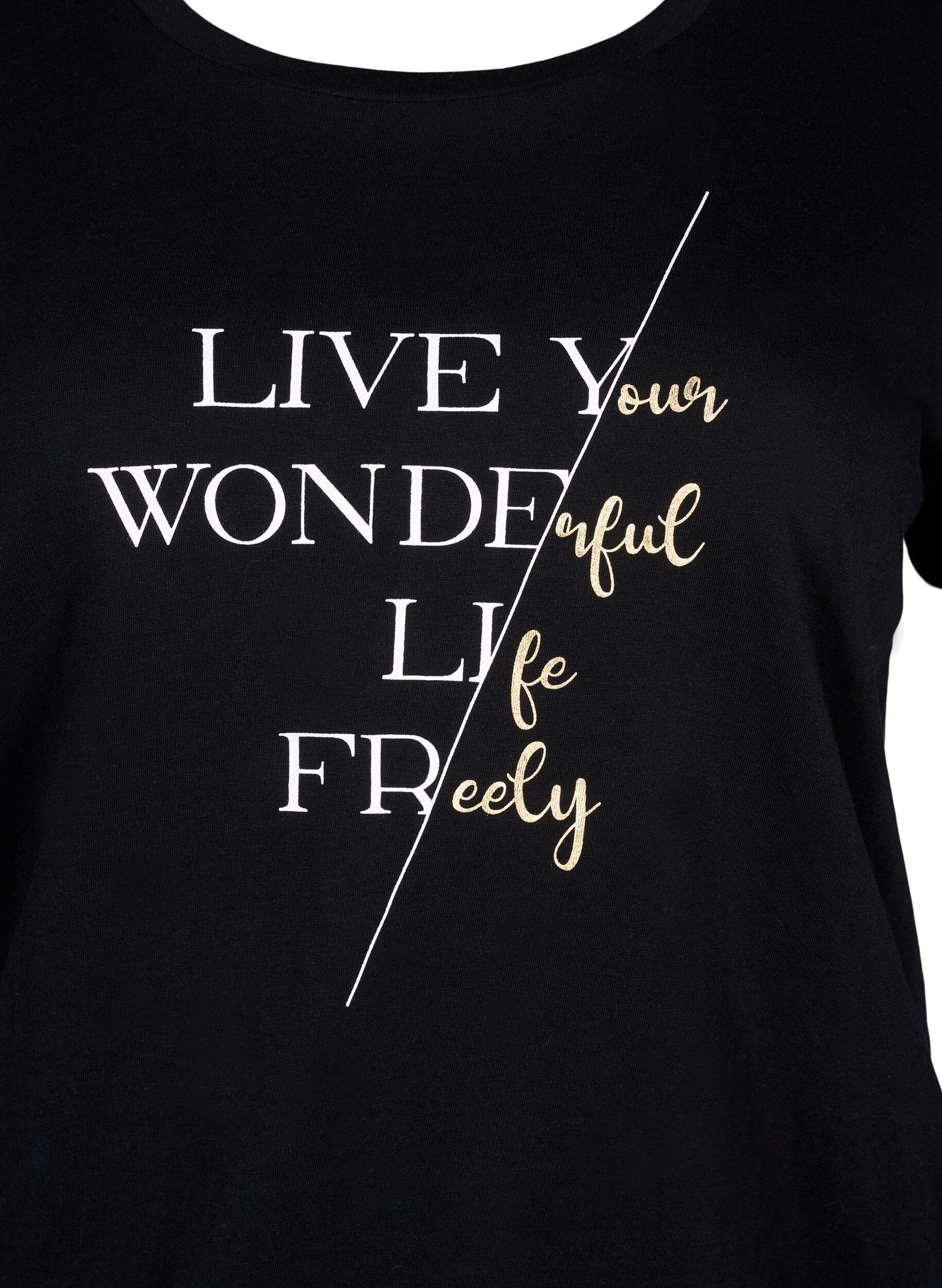 ZizziKurz&auml;rmliges T-Shirt aus Baumwolle mit Gummizug am Saum, Black w. Live, Packshot image number 2