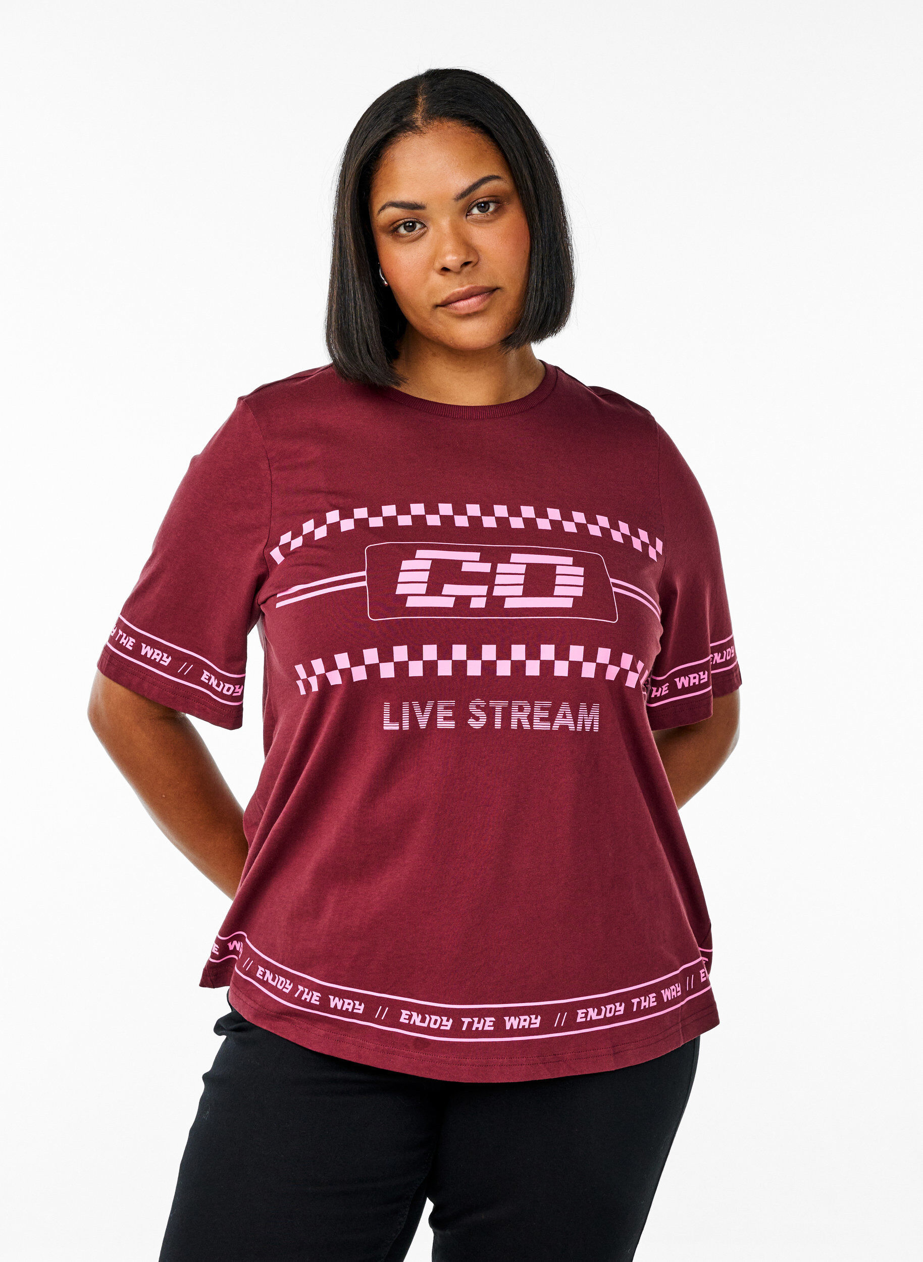 Oversize-Shirt mit sportlichem Print, Dunkles Bordeaux, Model