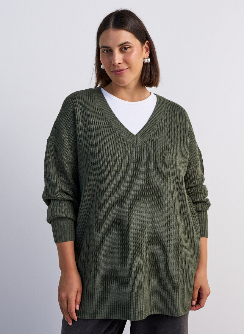 Lange Rippstrickbluse mit V-Ausschnitt, Gr&uuml;n, Model image number 0