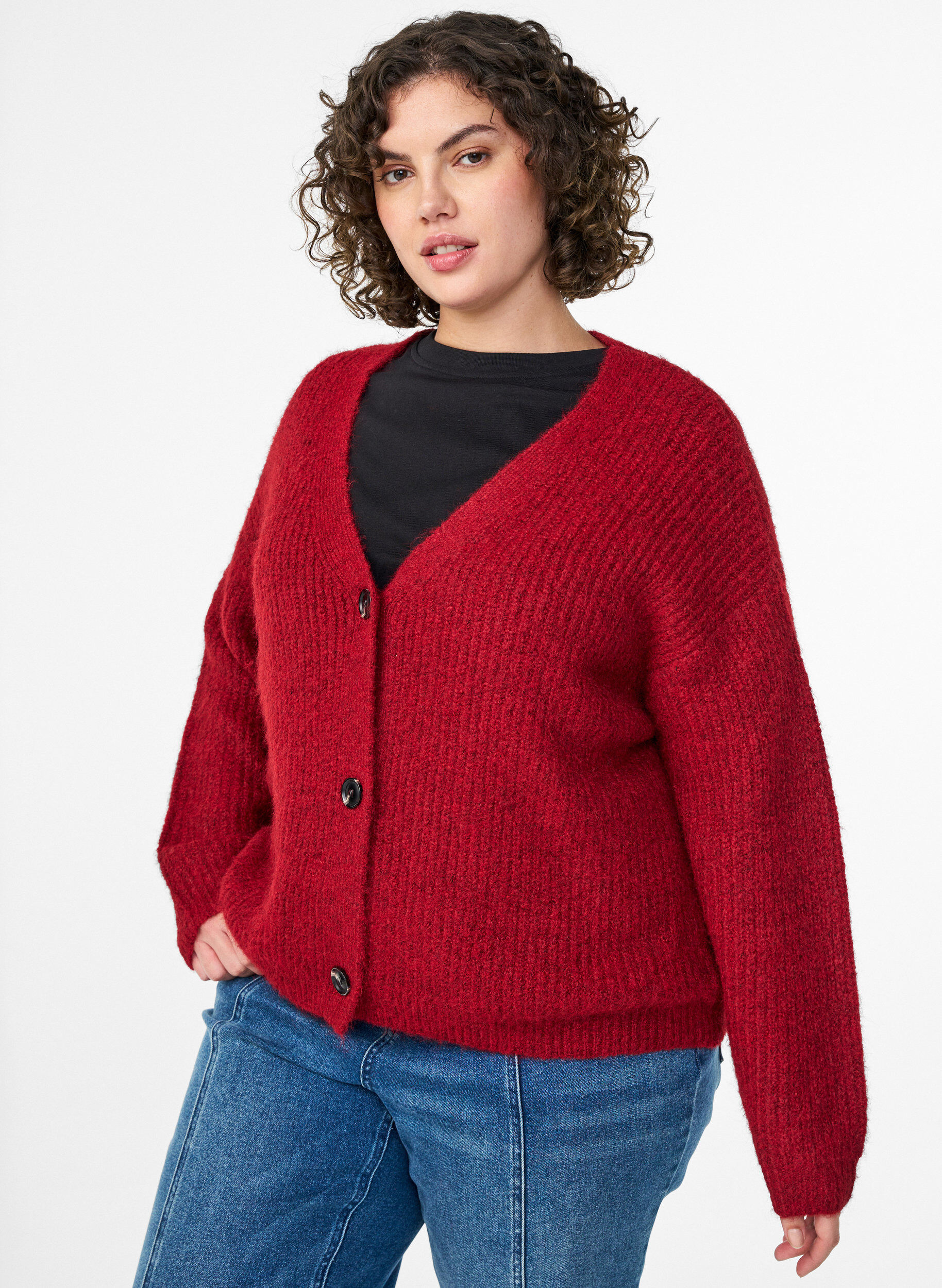 Strickjacke mit V-Ausschnitt, Rot, Model