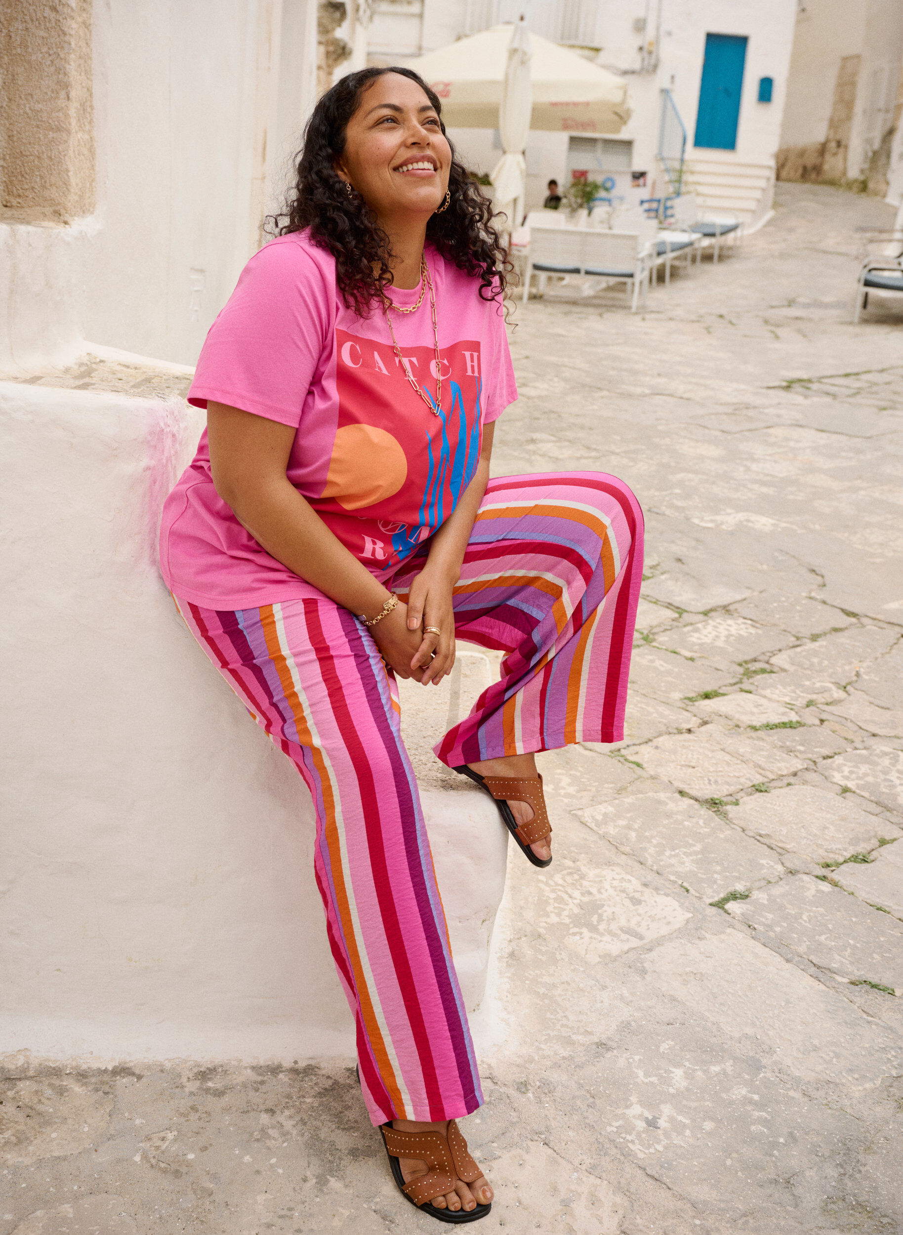 ZizziLocker geschnittene Viskosehose mit Streifen, Pink, Image image number 0