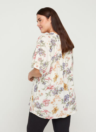 Kurzarm Bluse aus Viskose mit Blumenprint, Creme Vintage Flower, Model image number 1