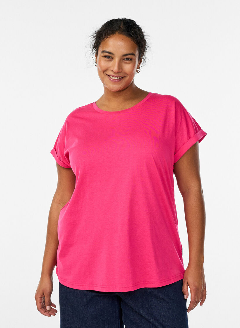 Kurz&auml;rmeliges T-Shirt aus einer Baumwollmischung, Pink, Model image number 0