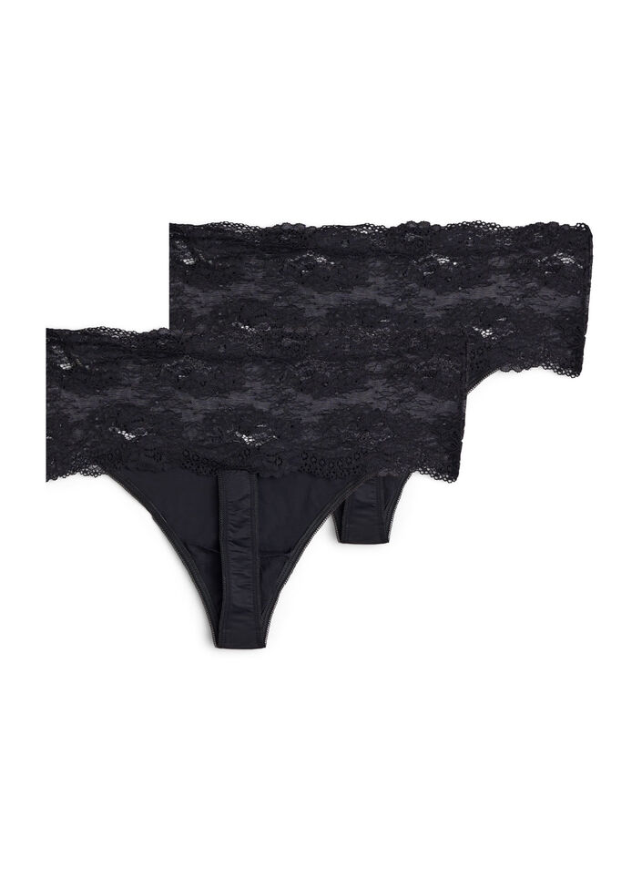 2er-Pack Tanga mit breitem Spitzenrand, Schwarz, Packshot image number 1