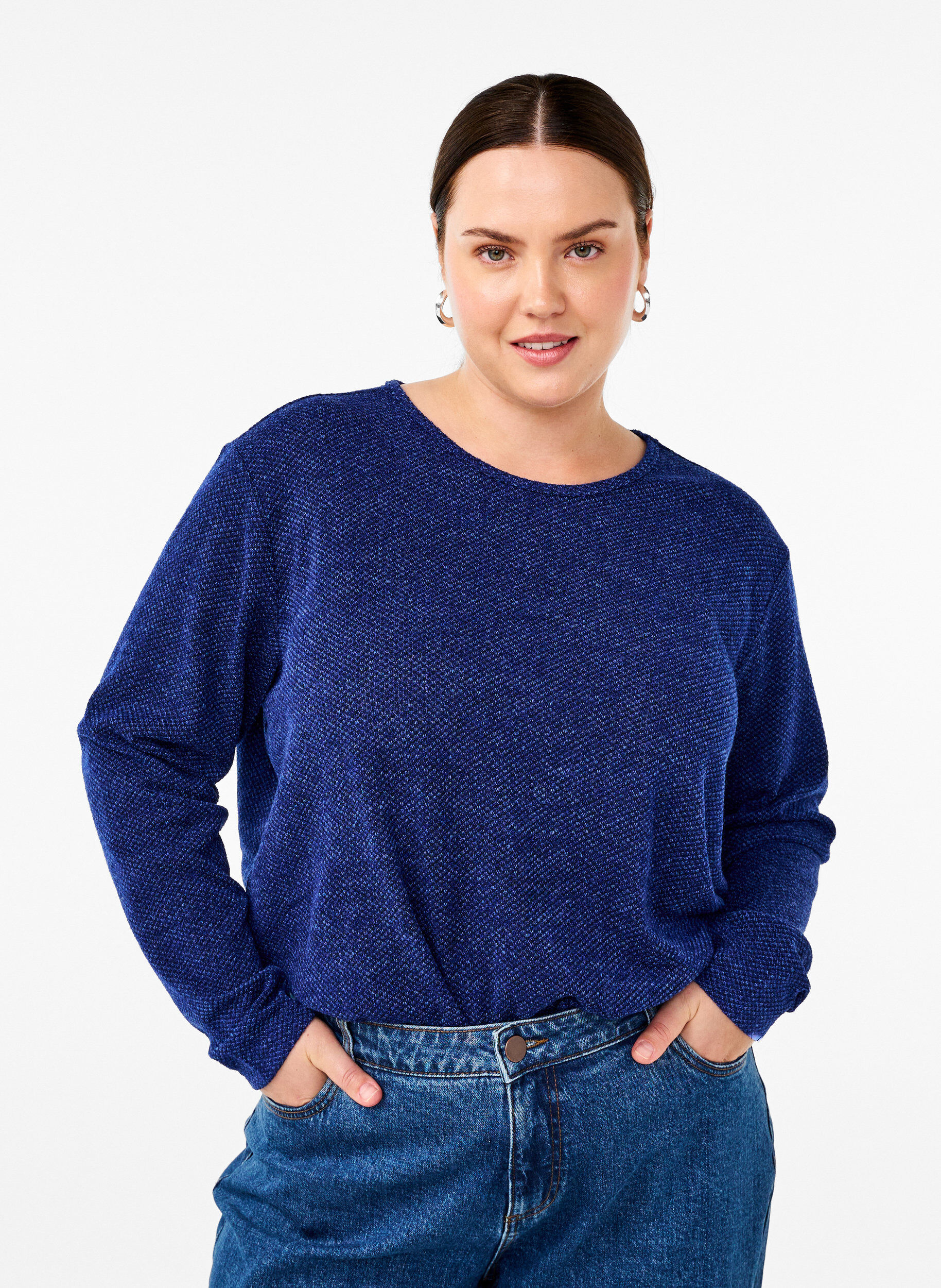 ZizziMelange Bluse mit rund um den Neck und langen &Auml;rmel, Sodalite Blue, Model image number 0