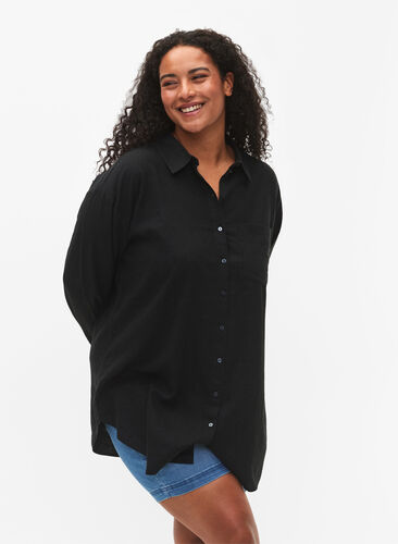 Langer Hemd aus Leinen-Viskose-Mischung, Black, Model image number 0