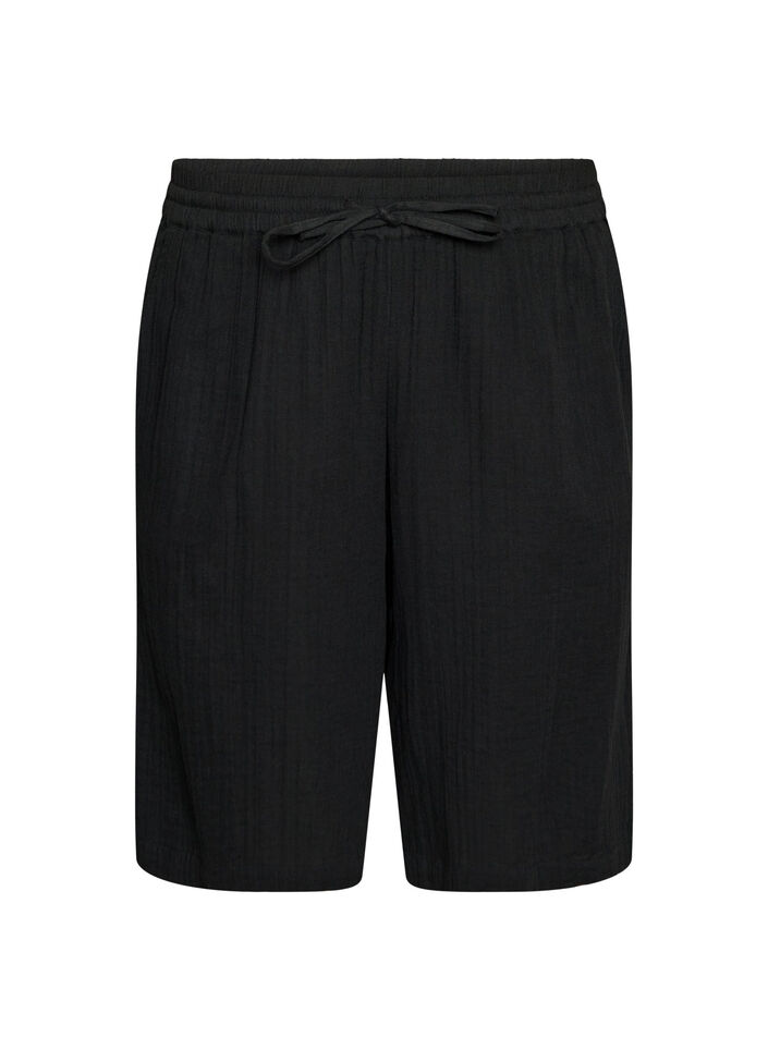 Lockere Shorts aus Baumwollmusselin mit hoher Taille, Schwarz, Packshot image number 0