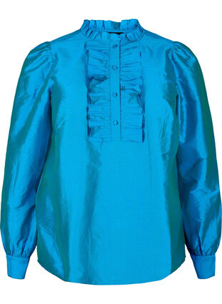 Glänzende Hemdbluse mit Rüschen, Diva Blue, Packshot image number 0