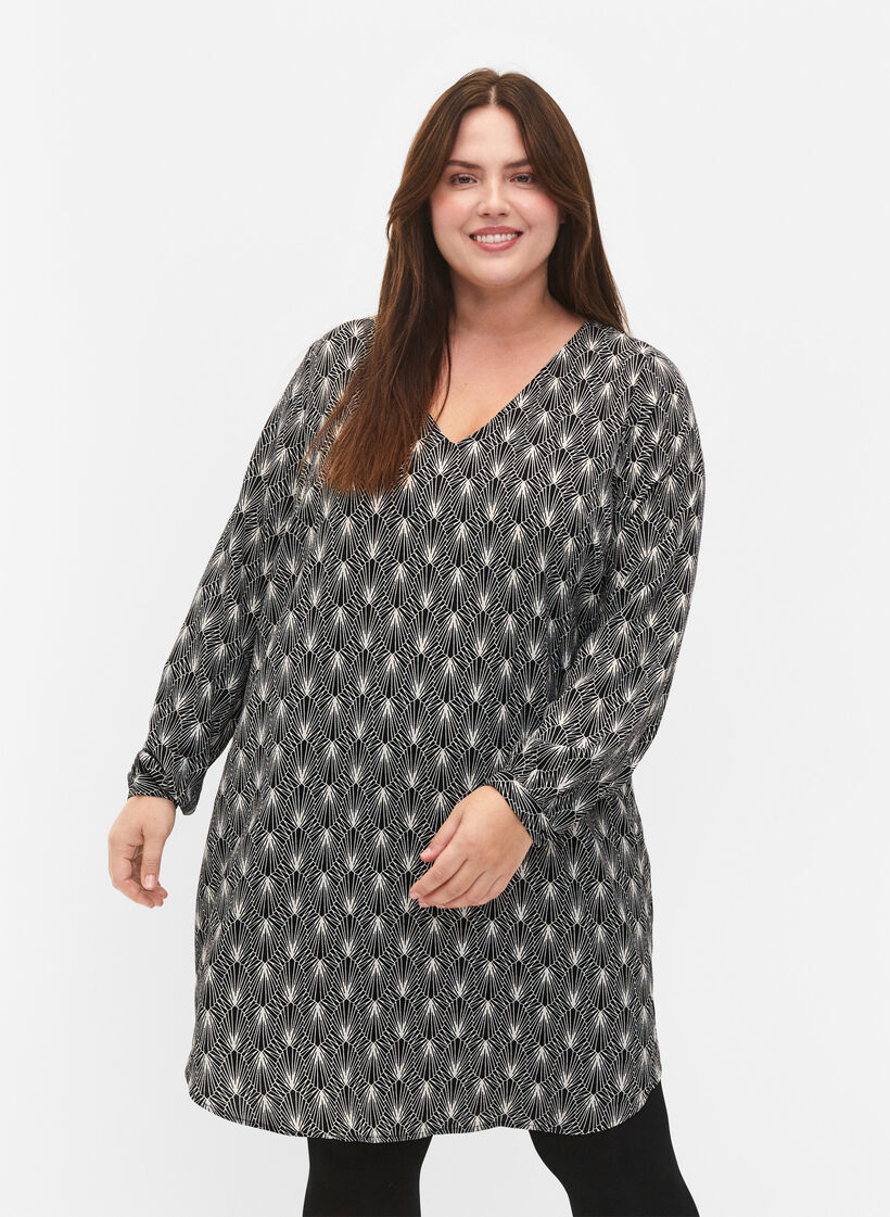 Kleid mit V-Ausschnitt und Aufdruck, Birch Graphic AOP, Model image number 0