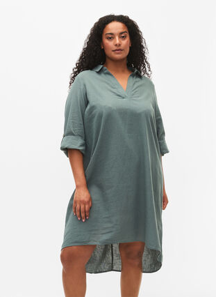 Kleid mit V-Ausschnitt und Kragen, Balsam Green, Model image number 0