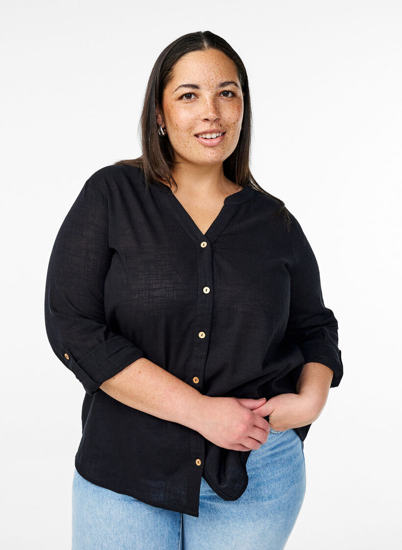 Baumwollbluse mit V-Ausschnitt, Schwarz, Model image number 0