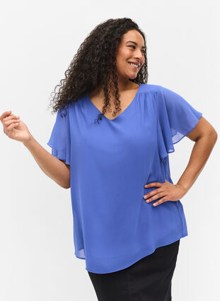 Bluse mit kurzen Ärmeln, Dazzling Blue, Model image number 0
