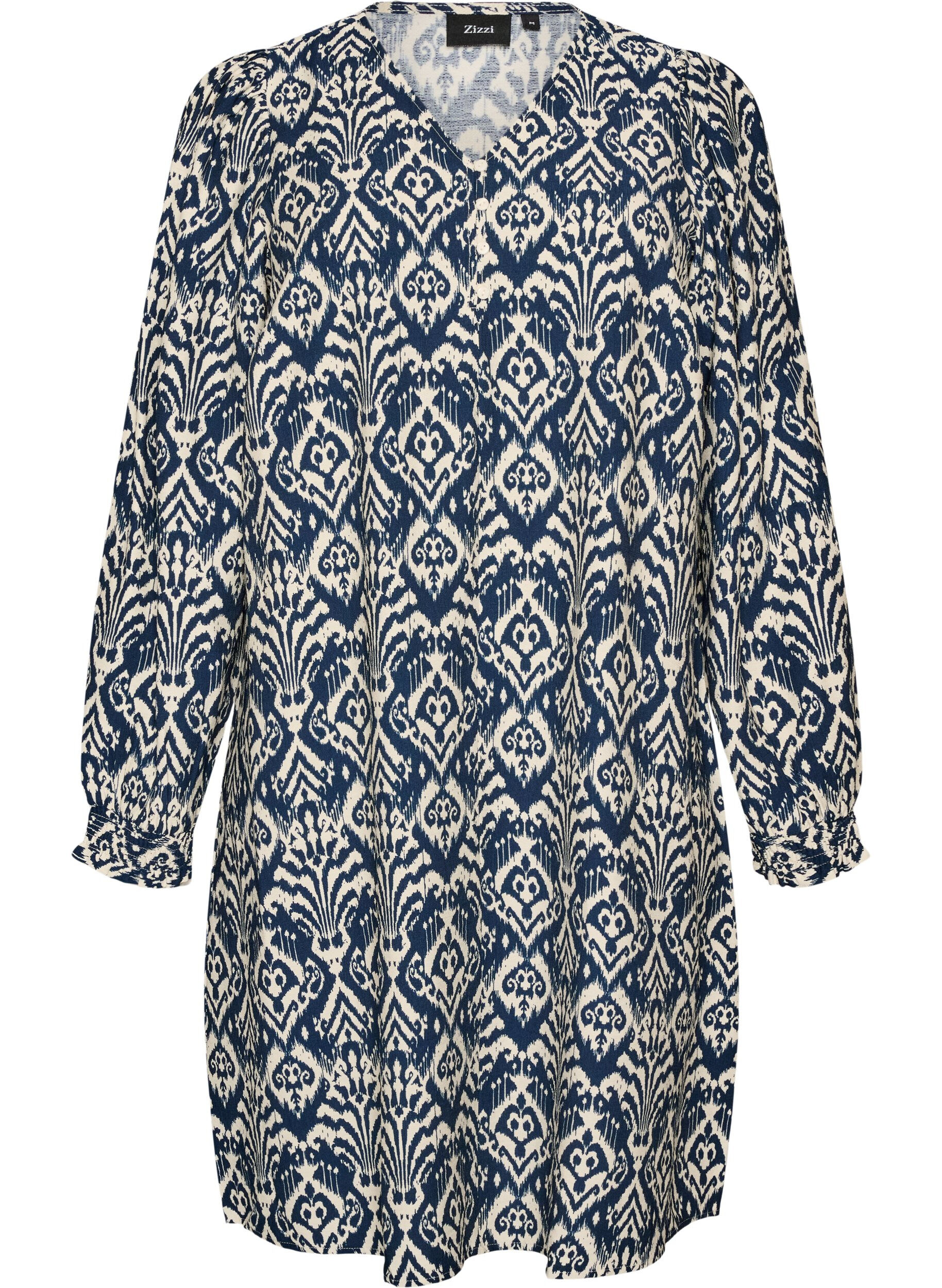 ZizziGemustertes Kleid aus Viskose mit langen &Auml;rmeln, Blau, Packshot image number 0