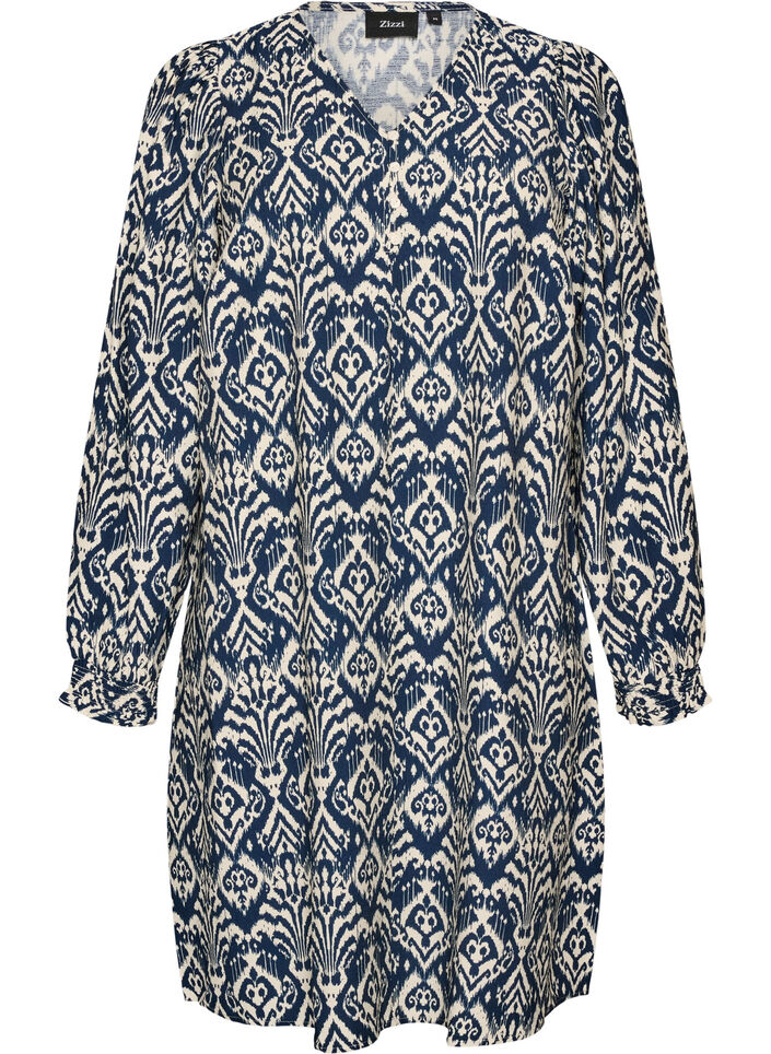 Gemustertes Kleid aus Viskose mit langen &Auml;rmeln, Blau, Packshot image number 0