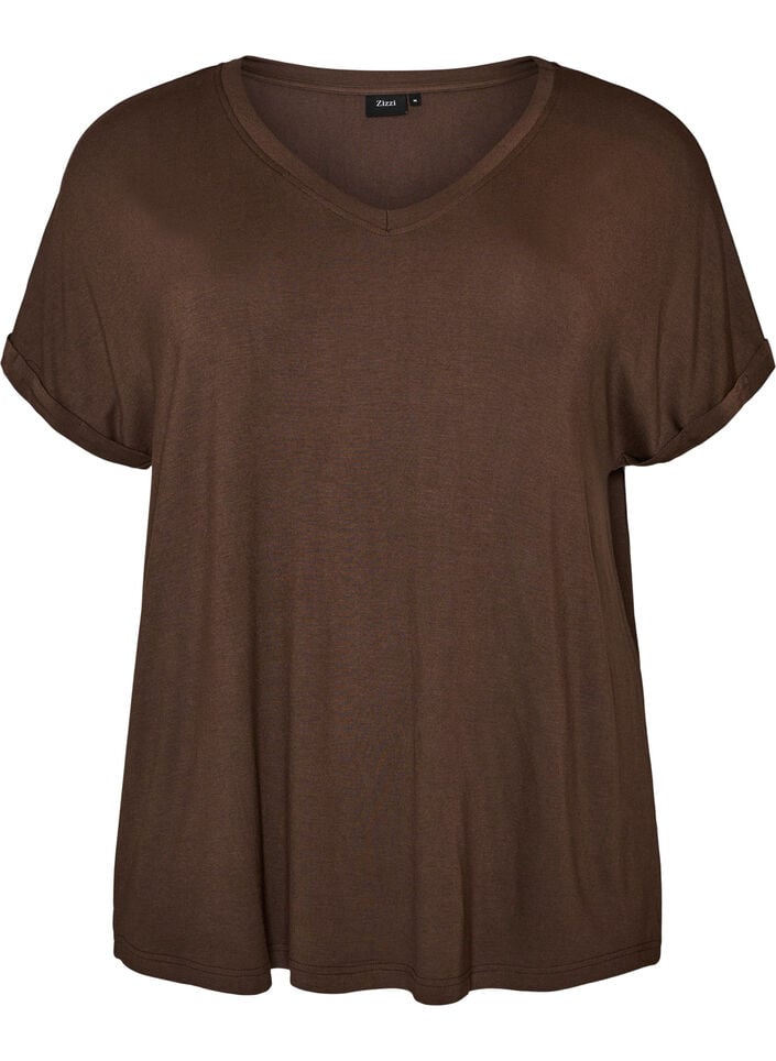 Basic T-Shirt aus Viskose mit V-Ausschnitt, Braun, Packshot image number 0