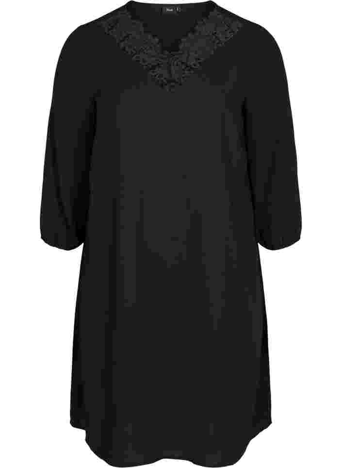 Kleid mit Spitze und 3/4 Ärmeln, Black, Packshot image number 0