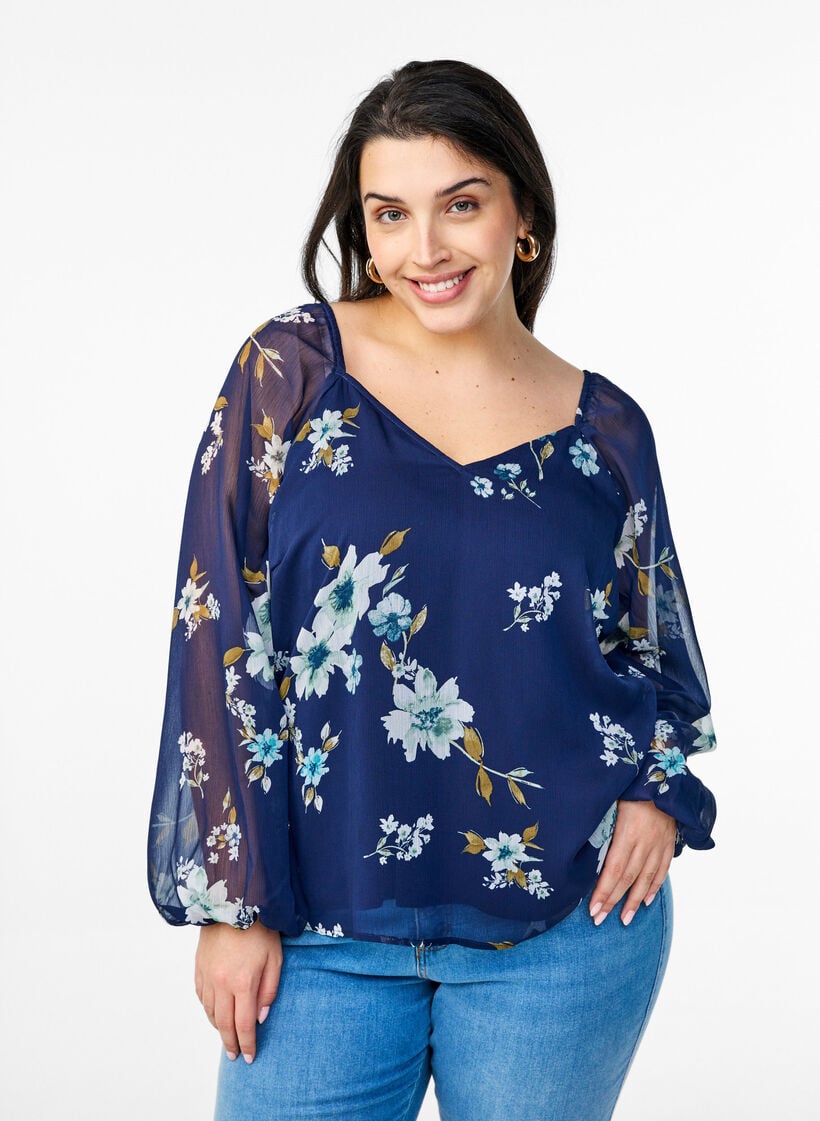 Bluse aus Chiffon mit gebl&uuml;mtem Print und langen &Auml;rmeln, Blau, Model image number 0