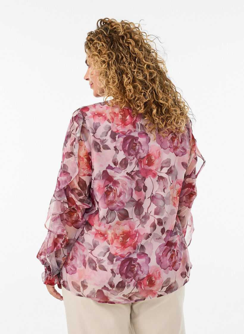 Gebl&uuml;mte Bluse mit V-Ausschnitt und R&uuml;schen&auml;rmeln, Rot, Model image number 2