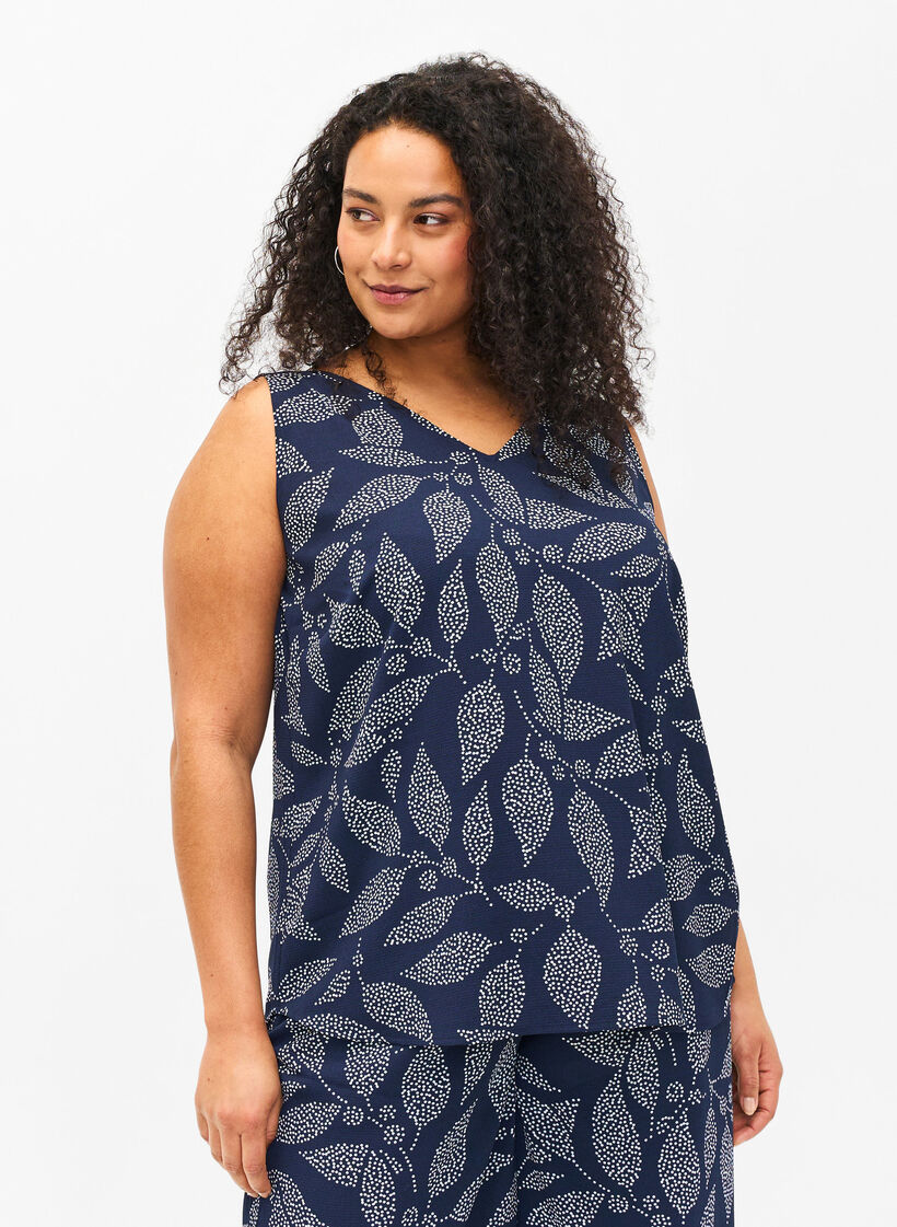 Gedrucktes Top mit V-Ausschnitt, Navy B. w. Dot Leaf, Model image number 0